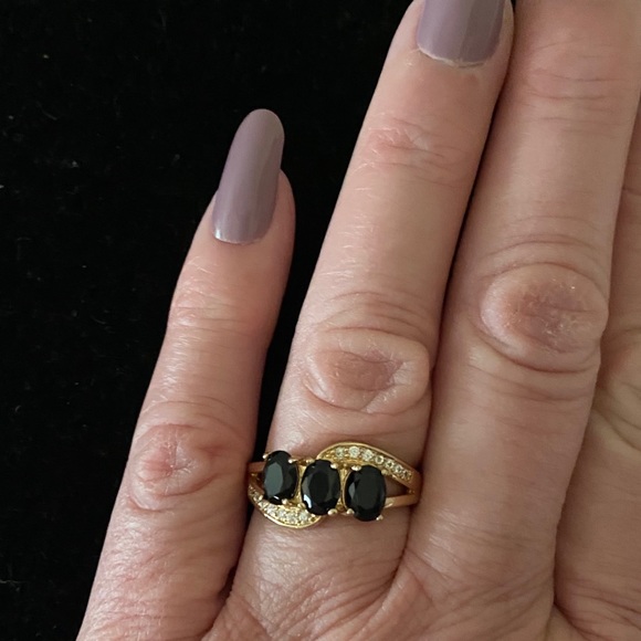 Sz 7 STAMPED 925 14 K GF 3 BLACK SAPPHIRES RING - Picture 10 of 11